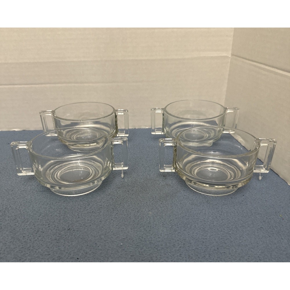 MCM Joe Colombo Arno Clear Glass Double Handled Soup Bowls from Italy - Set of 4